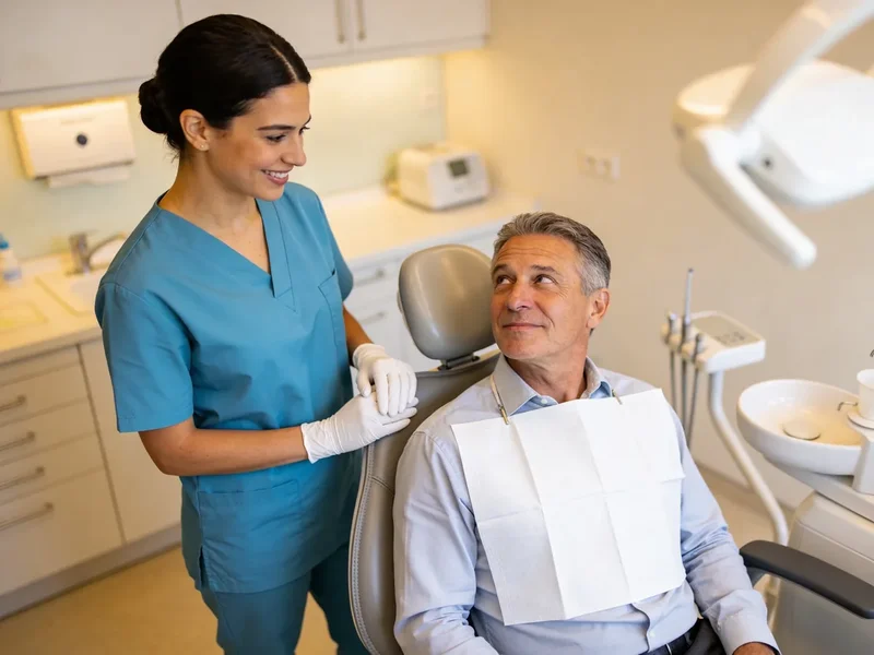 Dentist smiling with a patient in a bright modern dental office