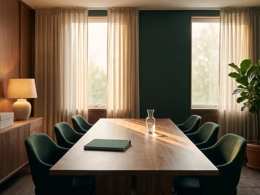 A quiet law-office meeting room with a long walnut table, green chairs and a lamp in late afternoon light