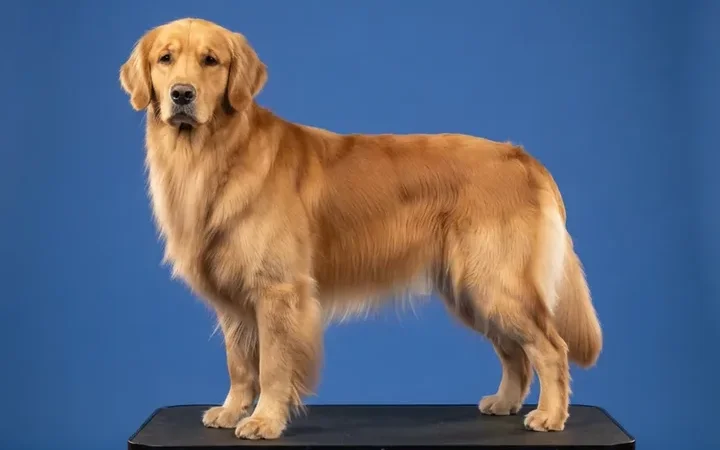 A groomed golden retriever standing square on a grooming table against a royal-blue backdrop, from the Pawfect Grooming design concept