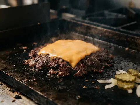 Concept imagery: American cheese melting over a charred smash patty on the griddle