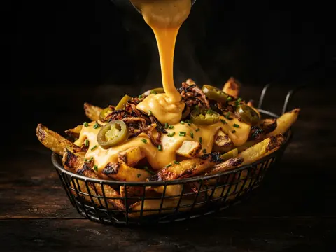 Concept imagery: a basket of loaded fries with cheese sauce, jalapeno, and crispy onion
