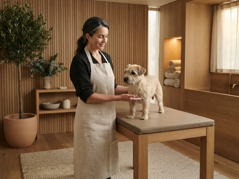 A groomer in a plain apron standing beside a wooden table, one open hand supporting a small wire-coated terrier.