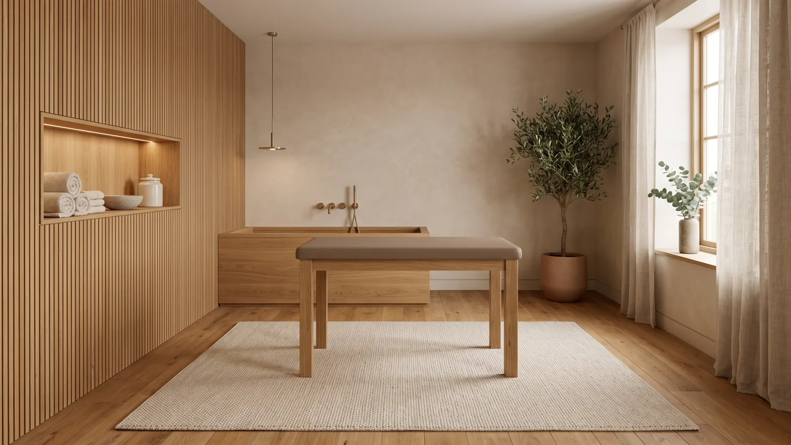 The studio, empty: one wooden grooming table on a bare floor with late afternoon light across the boards.