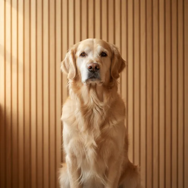 A golden retriever with a freshly finished coat, photographed alone against a warm oak-panelled wall.