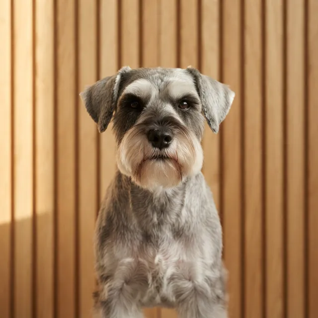 A miniature schnauzer with a freshly finished coat, photographed alone against a warm oak-panelled wall.