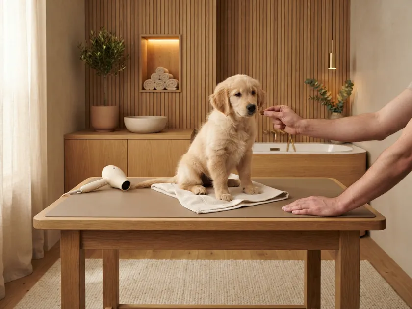 A golden retriever puppy sitting on a folded towel, a treat offered at nose height beside a switched-off dryer.
