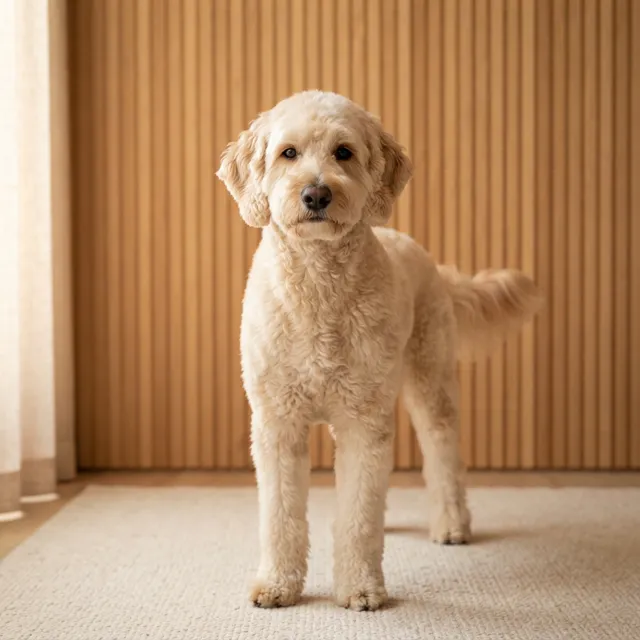A cream goldendoodle standing square and facing into the room, freshly finished, on a bare wooden floor.