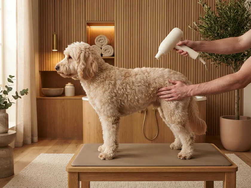 A cream goldendoodle in profile on a wooden table, its coat lifting under a handheld dryer held away from its head.