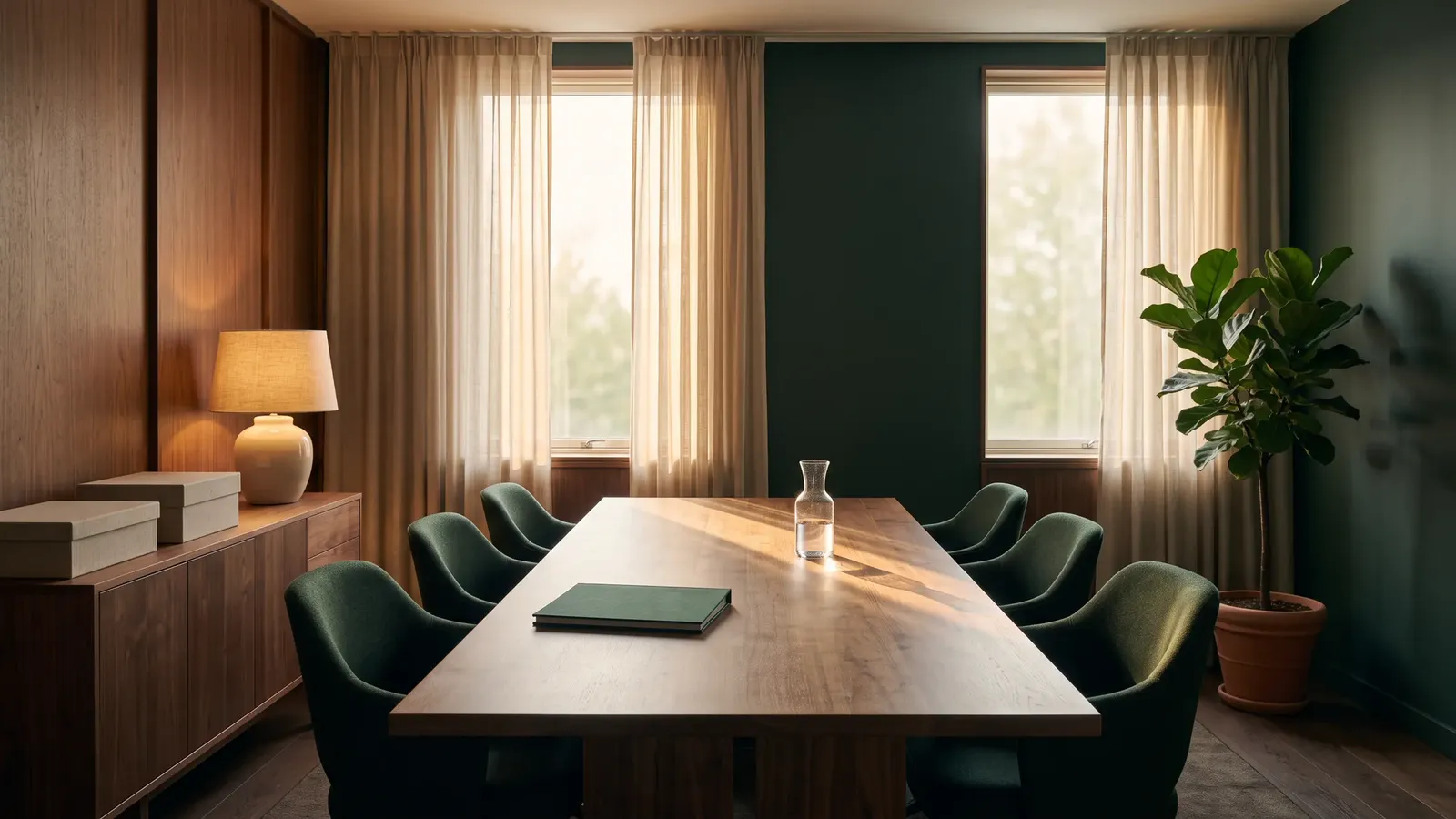 Concept imagery: a long walnut meeting table with green chairs, lit by soft late-afternoon light through curtained windows