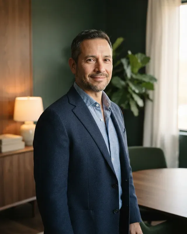 Concept imagery: portrait of Martin Celaya, a man in his forties with a short beard and a navy blazer